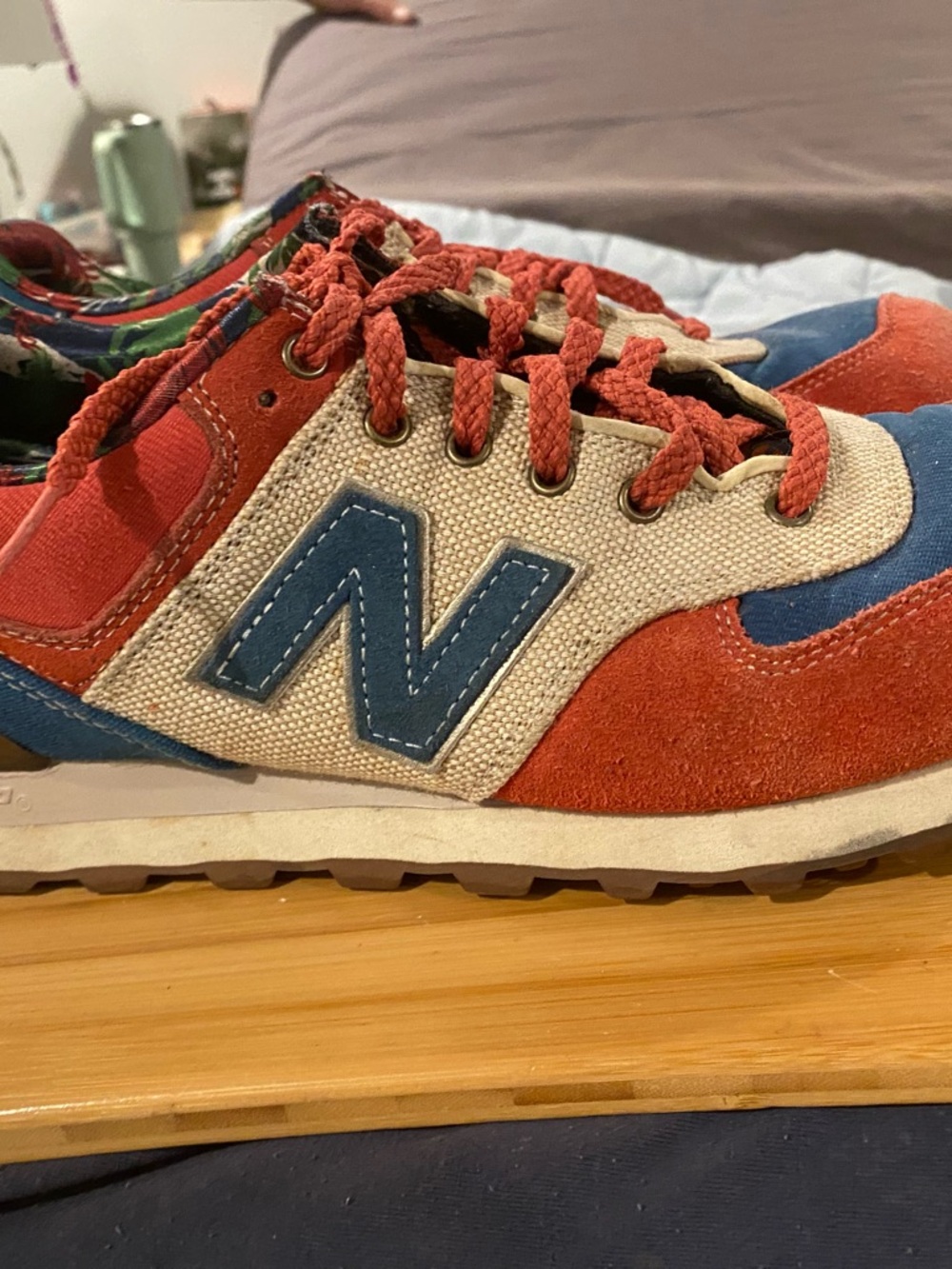 New Balance 574 Mens Suede & Canvas Sneakers in Red and Blue